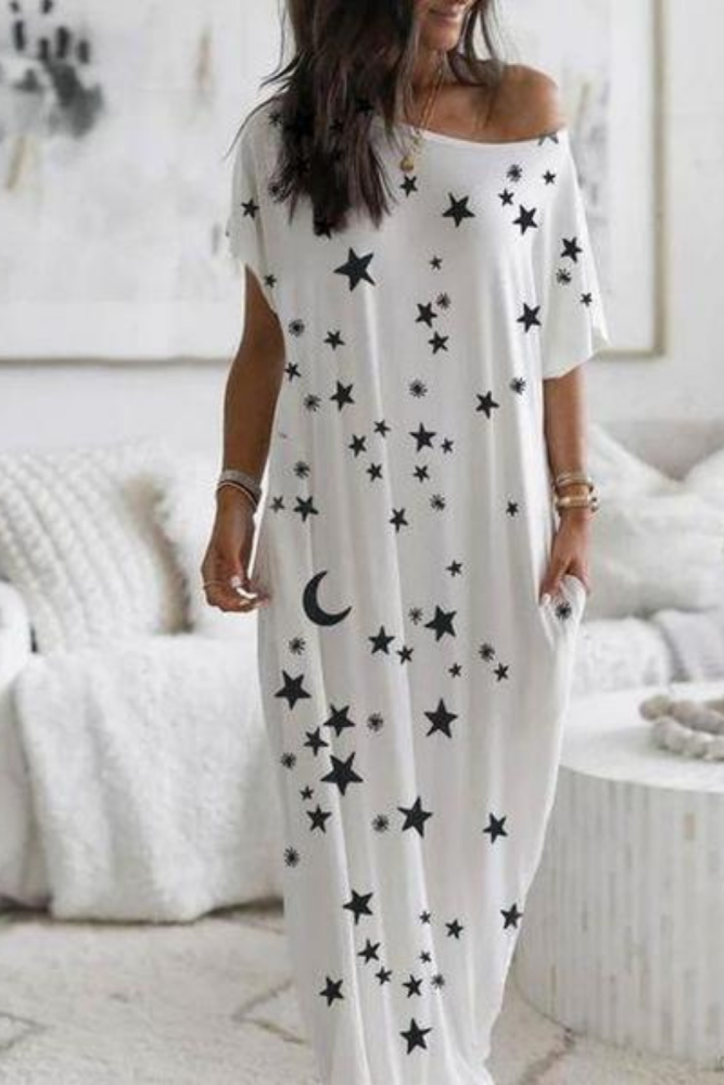 Simple Star Printed Round Neck Short Sleeve Loose Pajama Dress