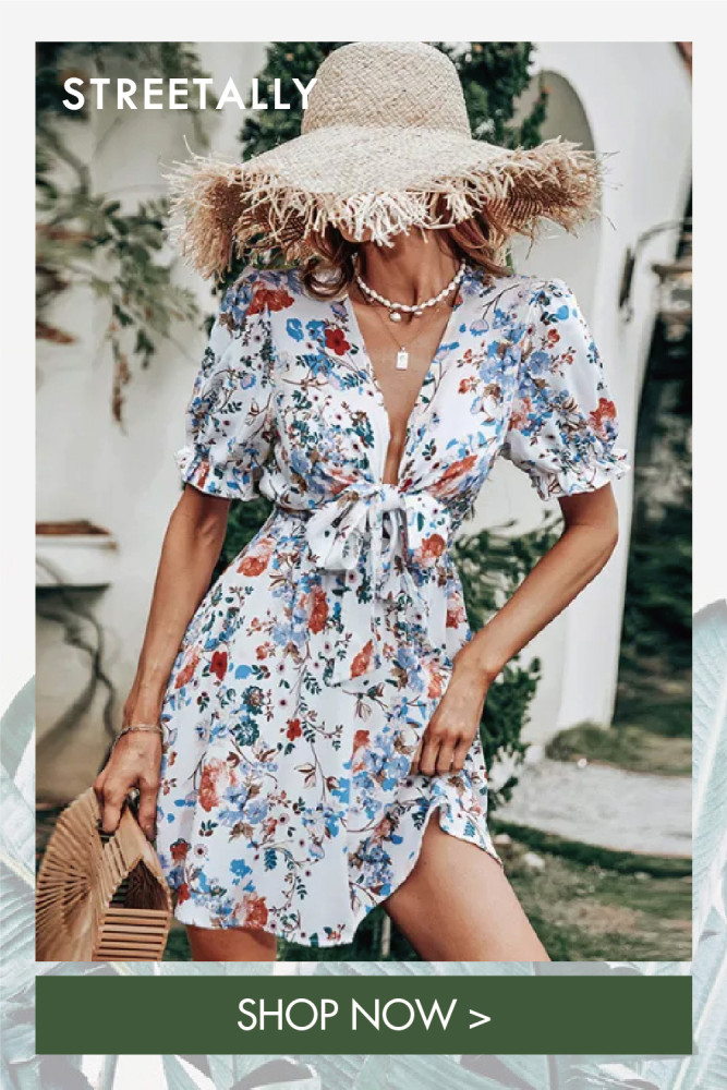 Women's Bohemian White Tie Bubble Short Sleeve Waist Print Casual Dress