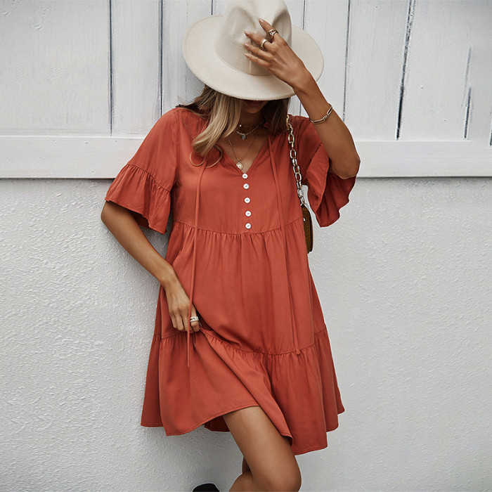 V Neck Solid Color Casual Loose Casual Dress