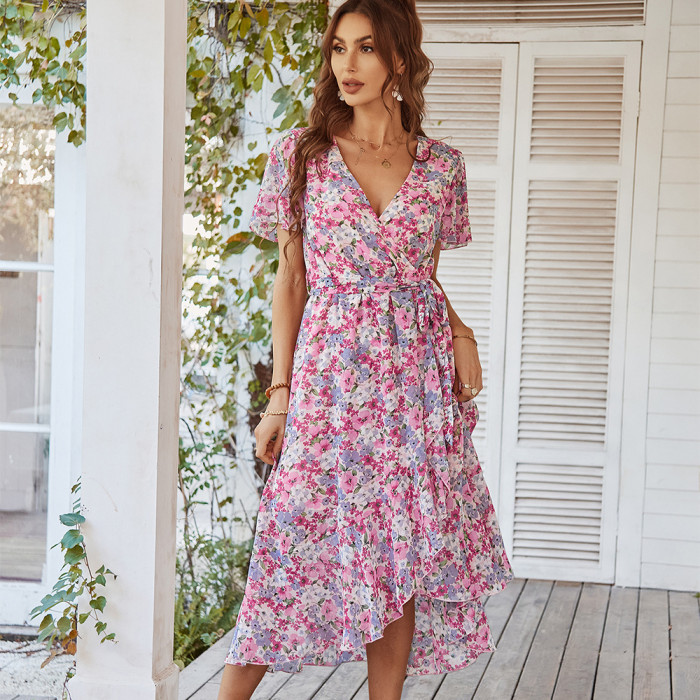 Chiffon Floral Butterfly Sleeve V-Neck Elegant Vacation Dress