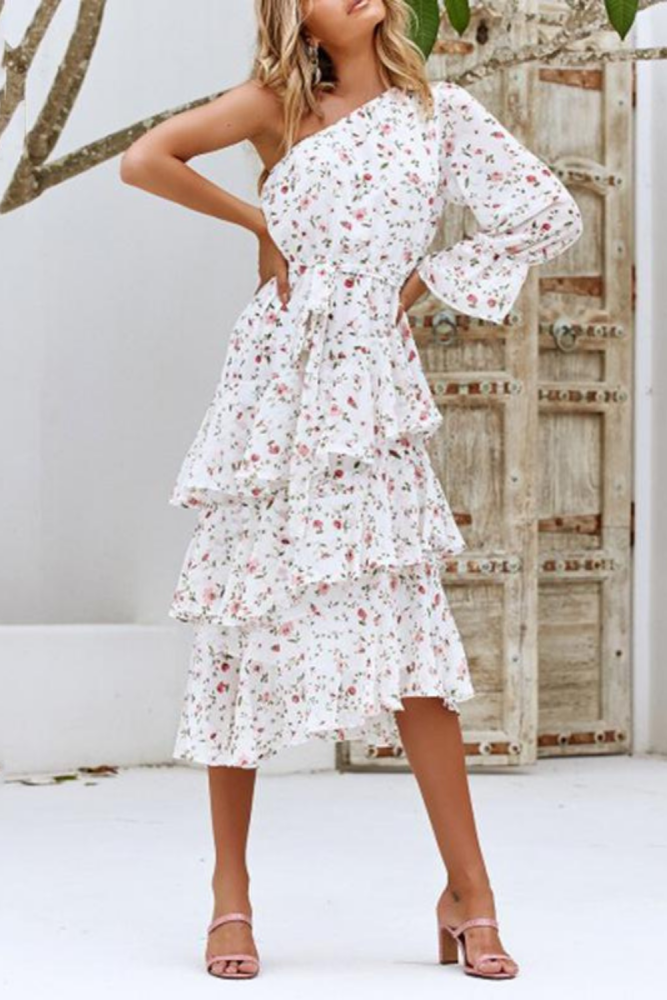 One shoulder irregular layered print pattern dress