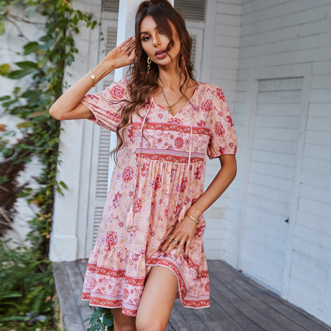 Floral Print Loose V-Neck Dress Boho  Vacation Dress