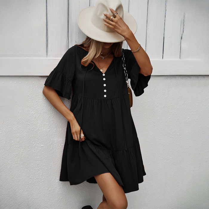 V Neck Solid Color Casual Loose Casual Dress