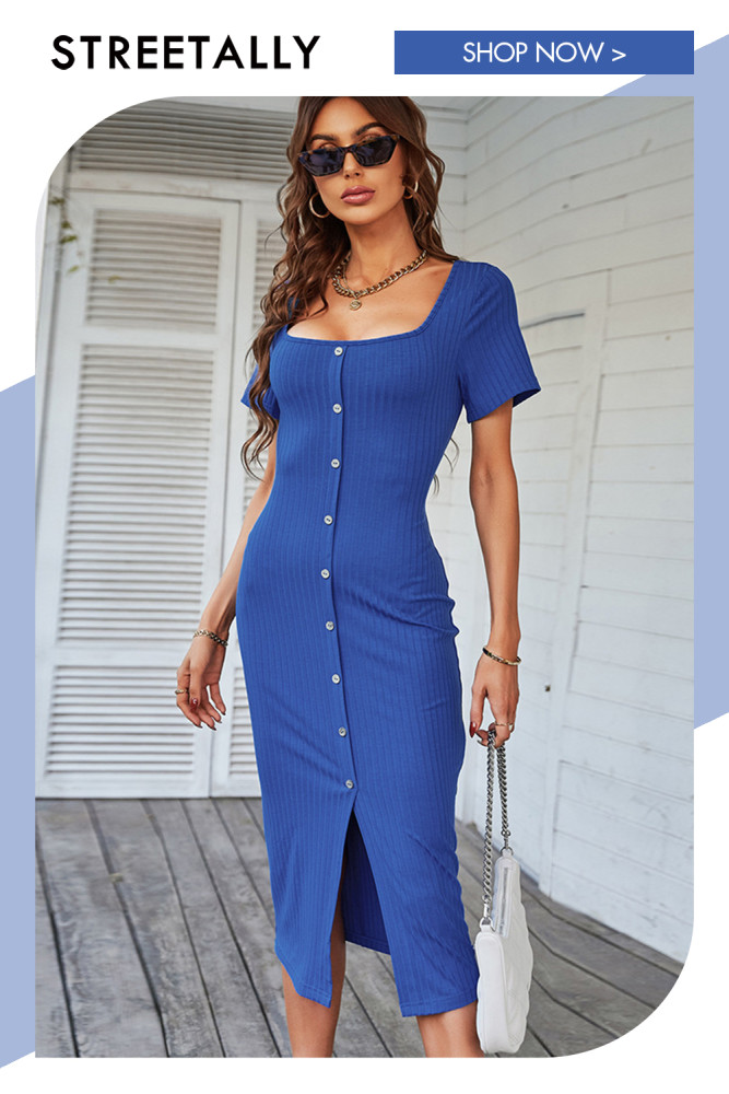 New Square Neck Buttoned Tank Top Long Bodycon Dress