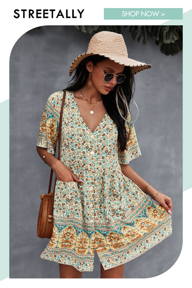 New Sexy Floral Fashion V Neck Boho  Casual Dress