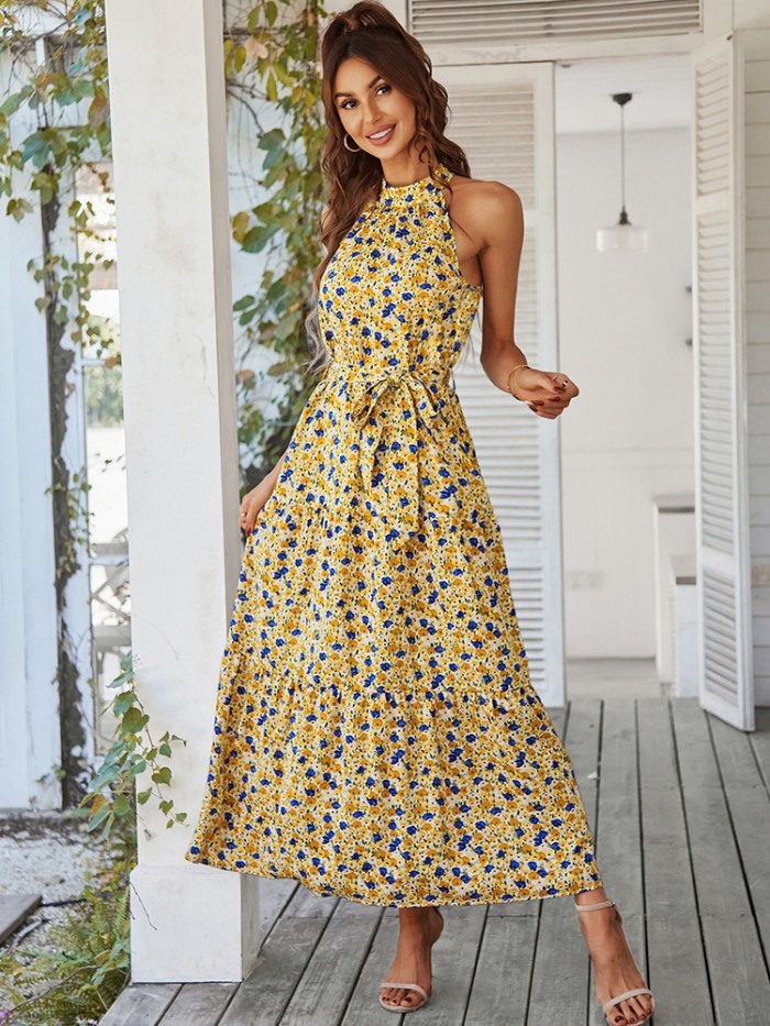 New Floral Casual High Waist Sleeveless Print Halter Vacation Dress