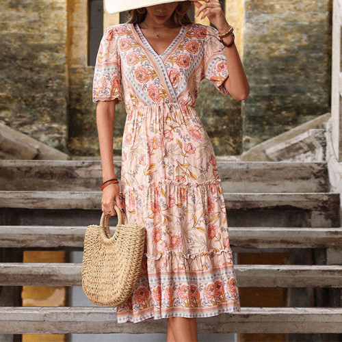 Vintage Floral Print Puff Sleeve Ruffle Summer Vacation Dress