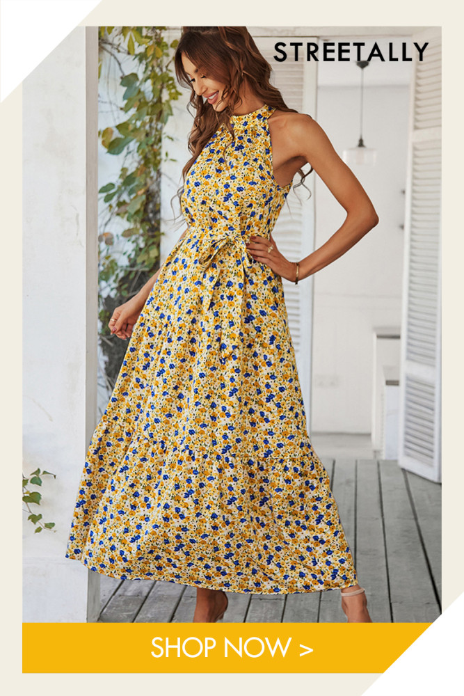 New Floral Casual High Waist Sleeveless Print Halter Vacation Dress