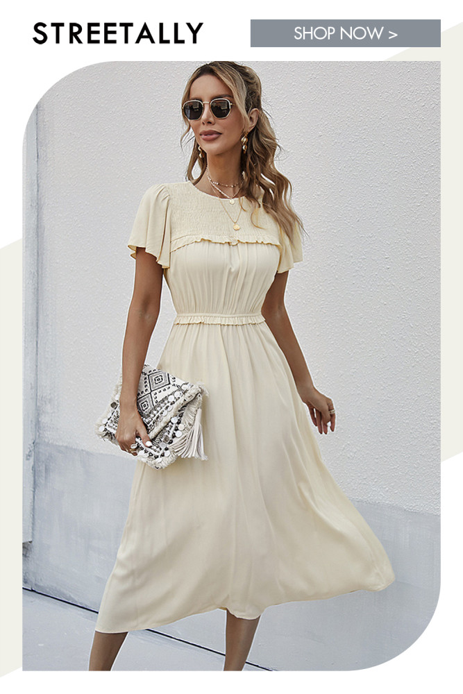 Sweet Puff Sleeve O Neck High Waist Casual Solid Color Maxi Dress