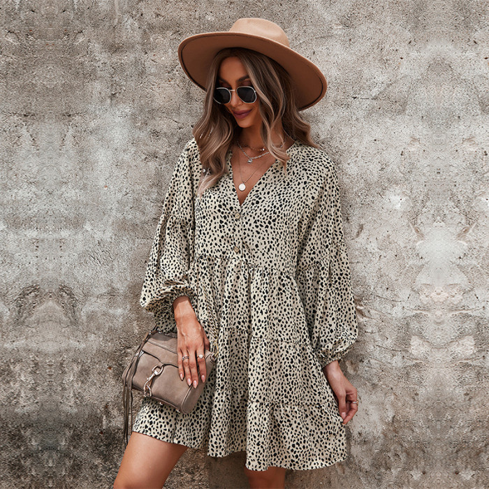 New Leopard Print Casual V-Neck Buttoned Full Sleeve Dot Casual Dress