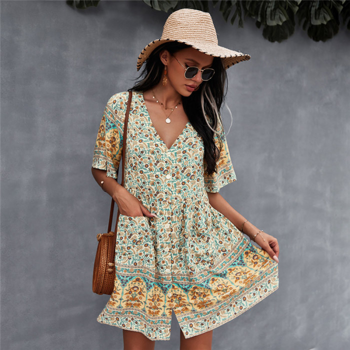 New Sexy Floral Fashion V Neck Boho  Casual Dress