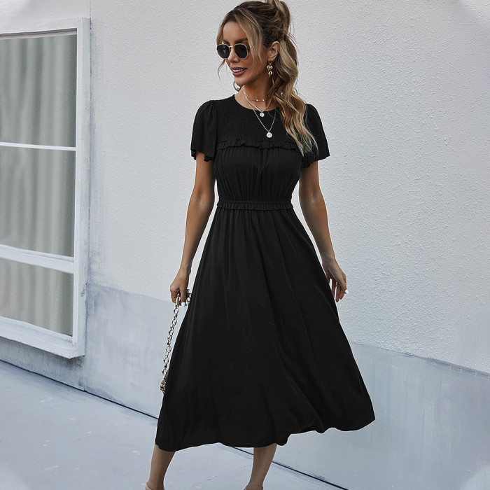 Sweet Puff Sleeve O Neck High Waist Casual Solid Color Maxi Dress