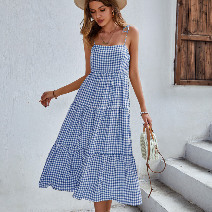 New Fashion Versatile Chic Strapless Plaid Print Casual Dress