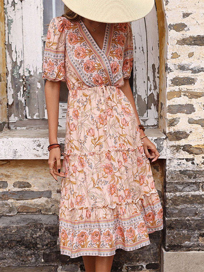 Vintage Floral Print Puff Sleeve Ruffle Summer Vacation Dress