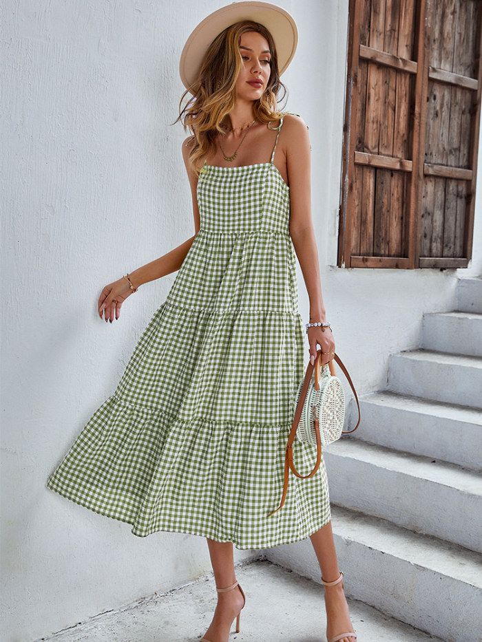 New Fashion Versatile Chic Strapless Plaid Print Casual Dress