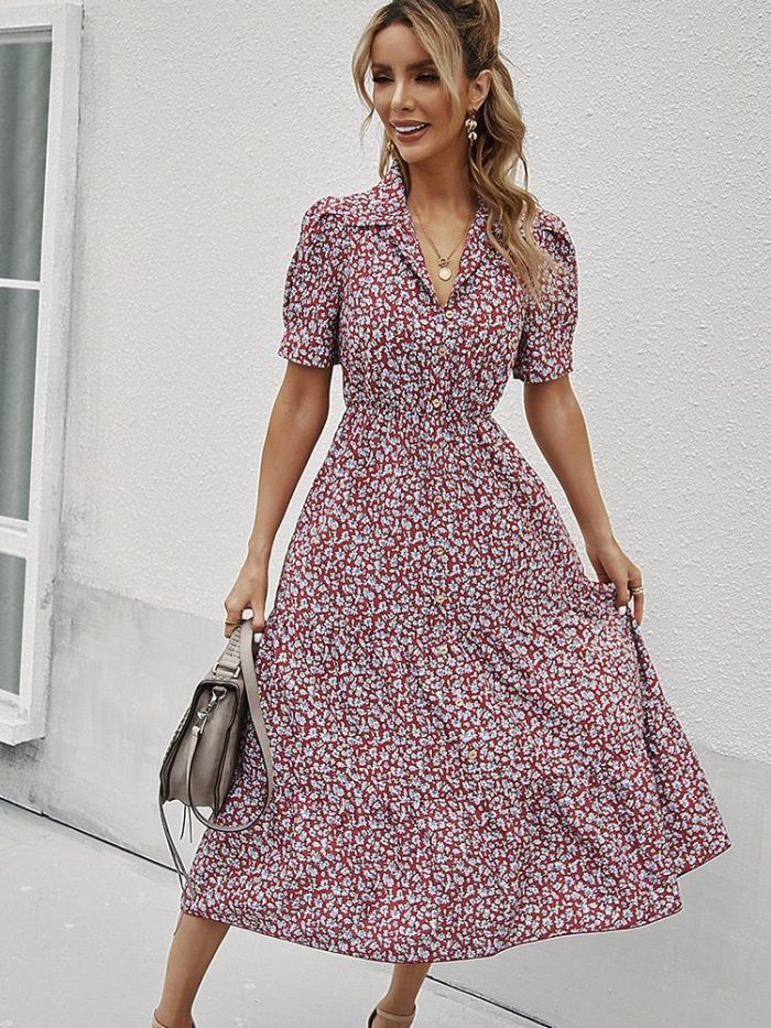 V-neck ruffled floral-print puff-sleeve shirt  Vacation Dress