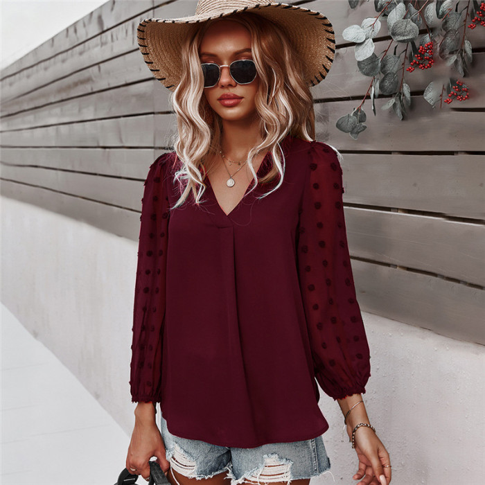 New Chiffon Top Casual Solid Holiday Style Pullover V Neck Blouses & Shirt