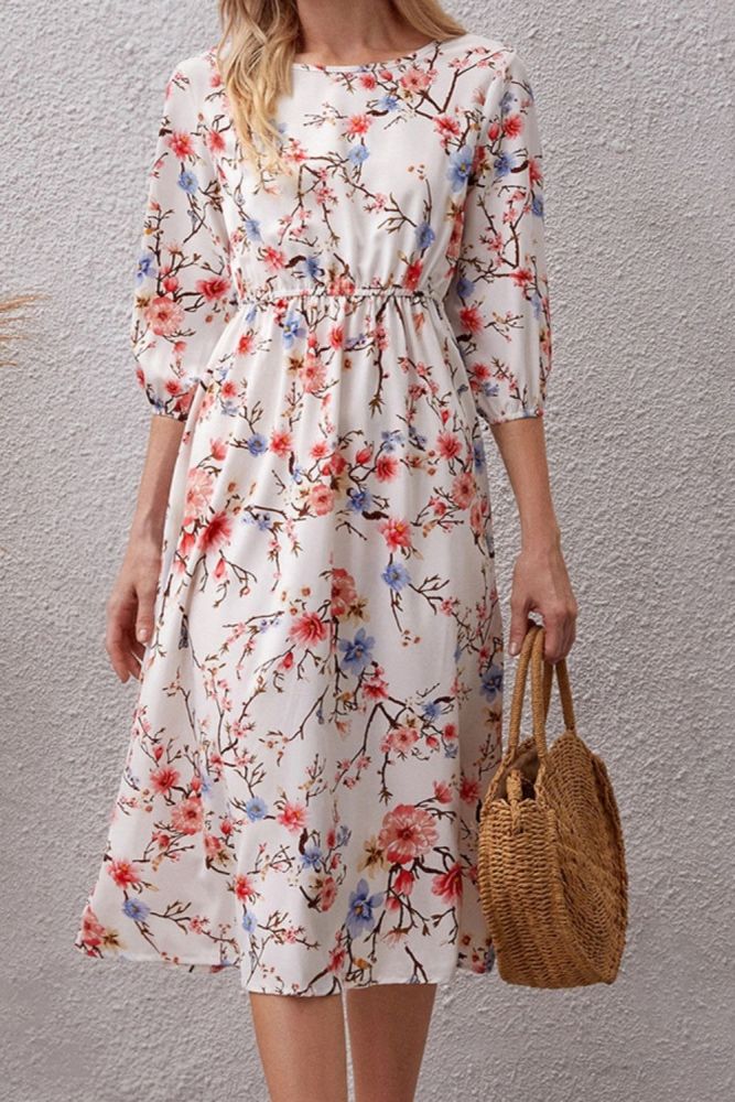 Women's Fashion Printed Waist Long Sleeve Maxi Dress