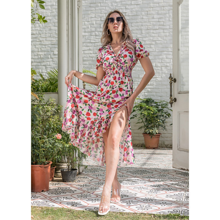 Women's Printed V-Neck Sexy Irregular Vacation Dress