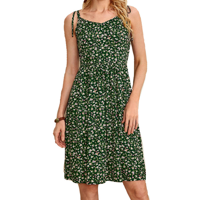 Green V-neck Floral Slim High Waist Suspender Mini Dress