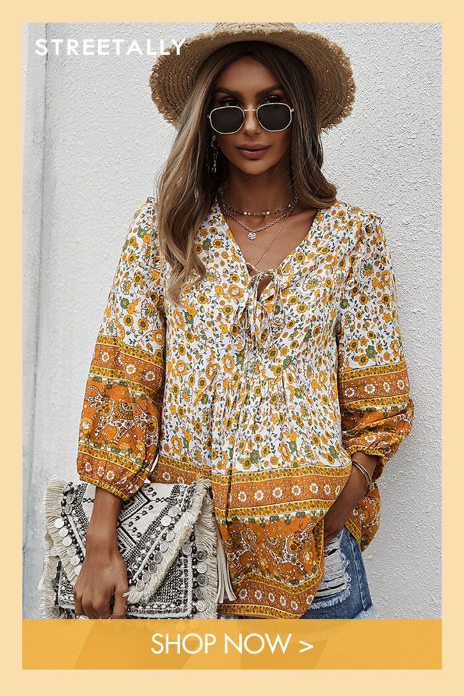 Lace-up V-Neck Balloon Sleeve Loose Floral Print Holiday Blouses & Shirt