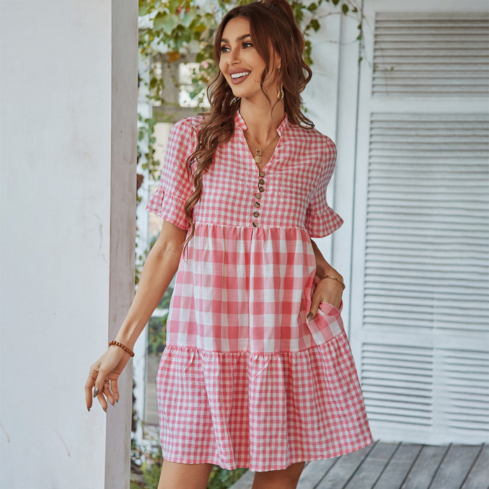 New Casual Loose V Neck Button Ruffle Panel Plaid  Casual Dress