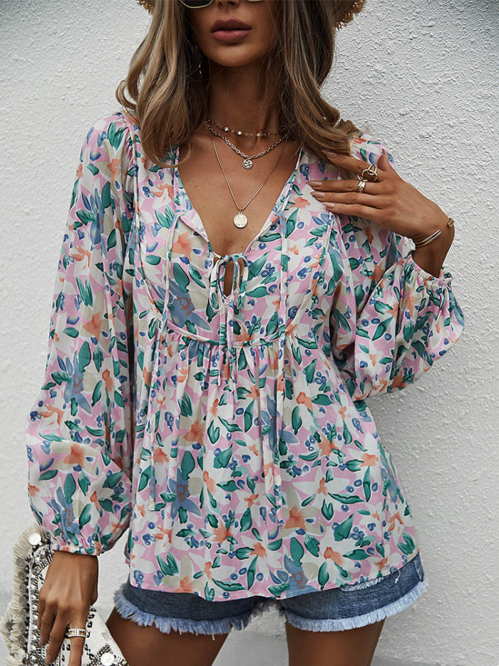 Boho Floral Print Summer Casual V-Neck Chic Blouses & Shirt