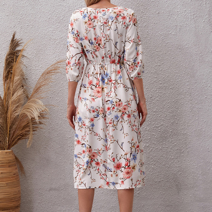 Women's Fashion Printed Waist Long Sleeve Maxi Dress