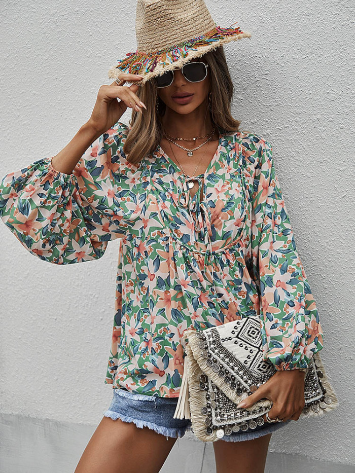 Boho Floral Print Summer Casual V-Neck Chic Blouses & Shirt