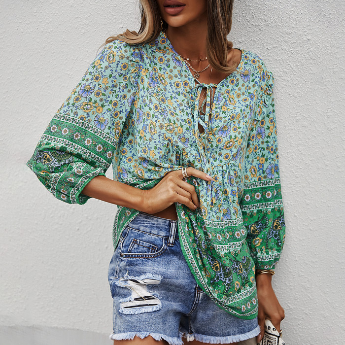 Lace-up V-Neck Balloon Sleeve Loose Floral Print Holiday Blouses & Shirt