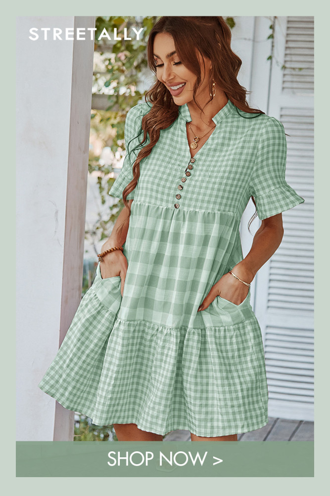 New Casual Loose V Neck Button Ruffle Panel Plaid  Casual Dress