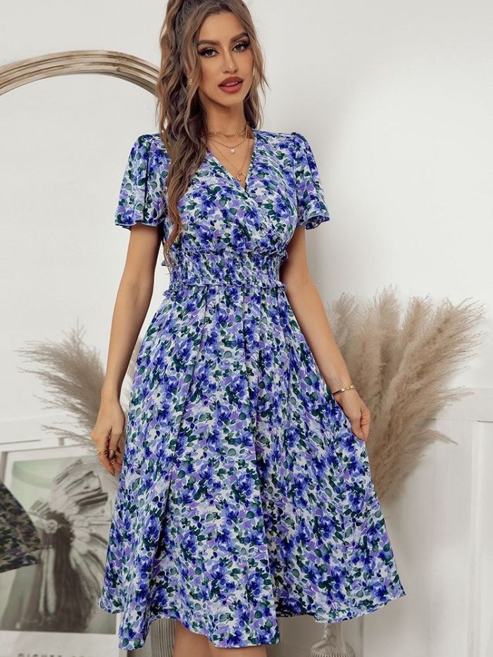 Vintage Floral V-Neck Casual Beach  Vacation Dress