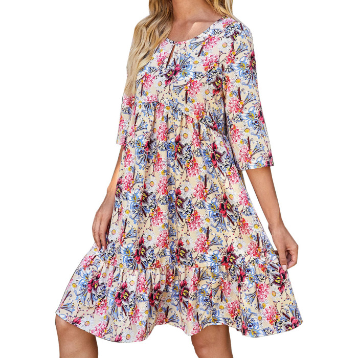 Fashionable Printed Loose Mid Sleeve Maxi Dress