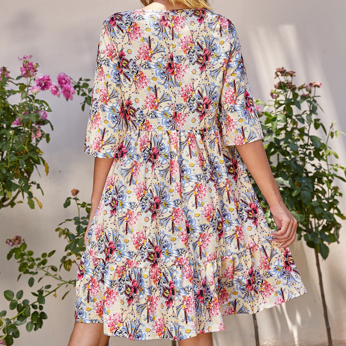 Fashionable Printed Loose Mid Sleeve Maxi Dress
