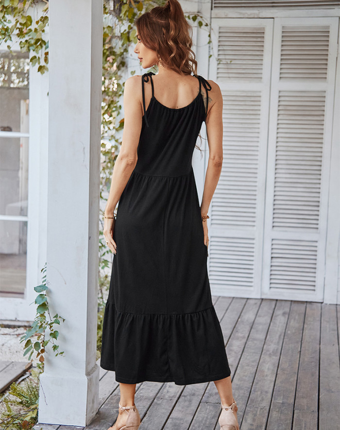 New Casual Sleeveless Solid Color Spaghetti Strap Lace Patchwork Sling  Maxi Dress