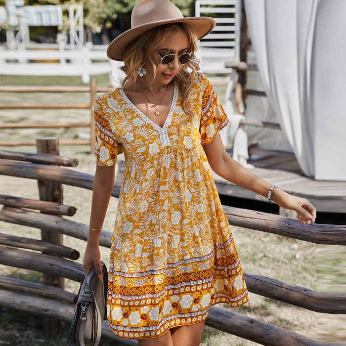 Women's V-Neck Printed A-Line Loose Casual Dress