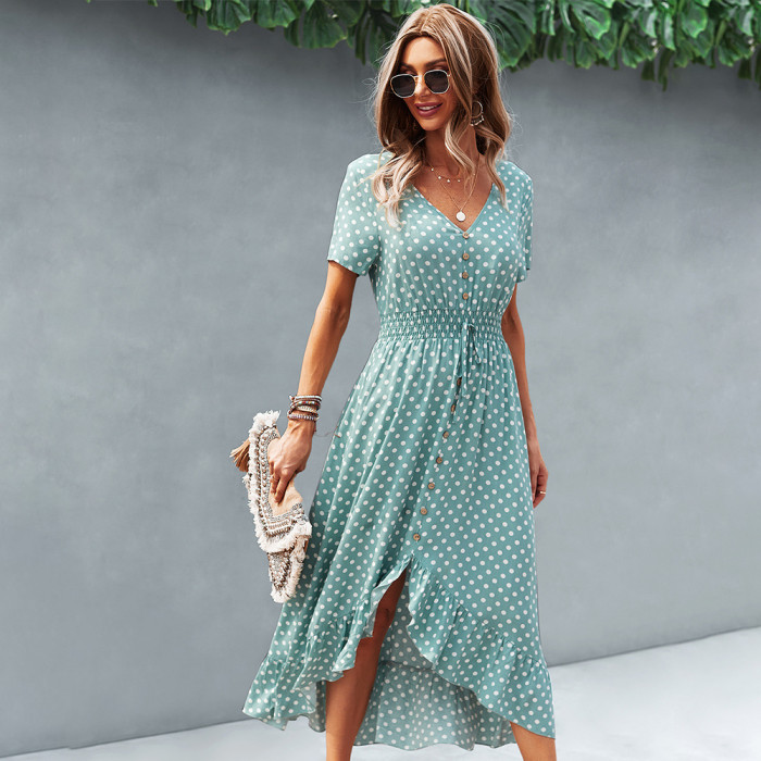 Fashion Elegant Casual Single Breasted Boho Dot Vacation Dress