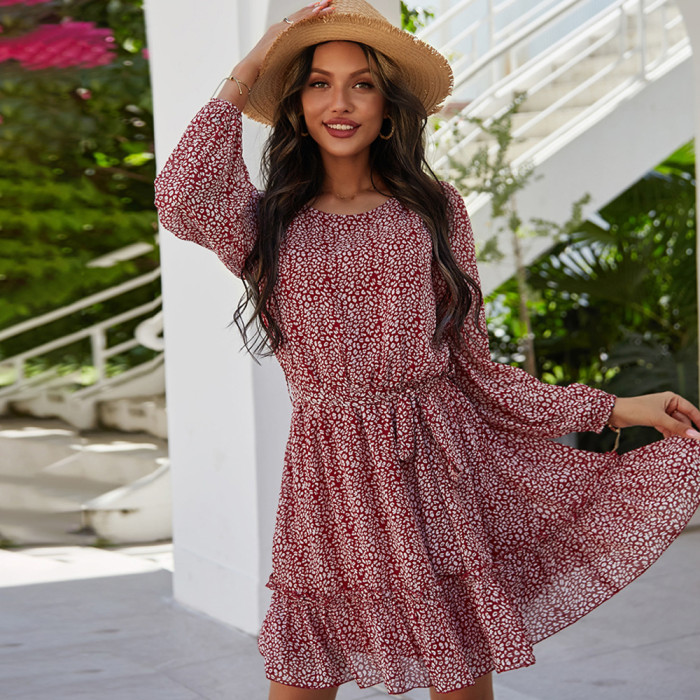 Vintage Casual Long Sleeve Ruffle High Waist Boho Chiffon Casual Dress