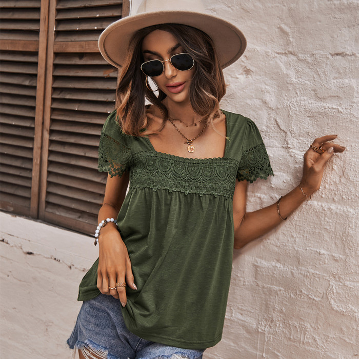 Women's Square Collar Lace Stitching Casual T-Shirt
