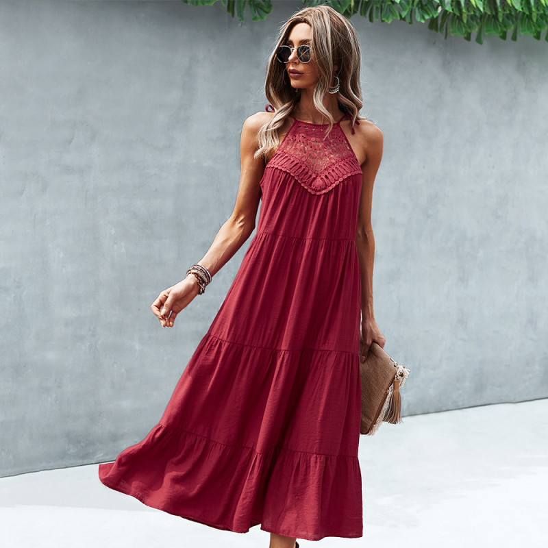 New sexy off-the-shoulder hollow out fashion casual solid color halterneck Maxi Dress