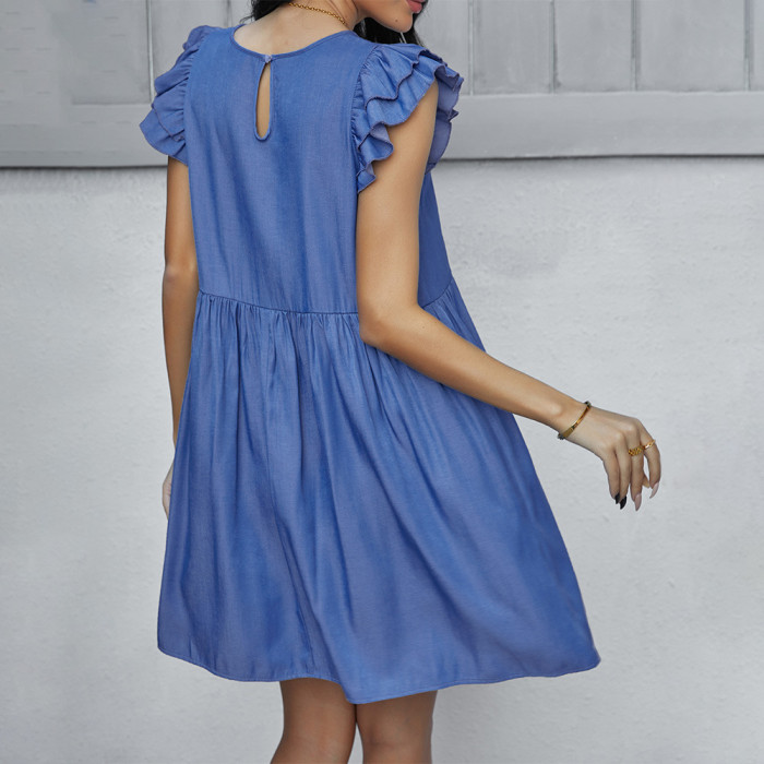 Fashion Women's Cutout Design Button Ruffles Slim Mini Dress
