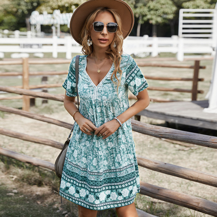 Women's V-Neck Printed A-Line Loose Casual Dress