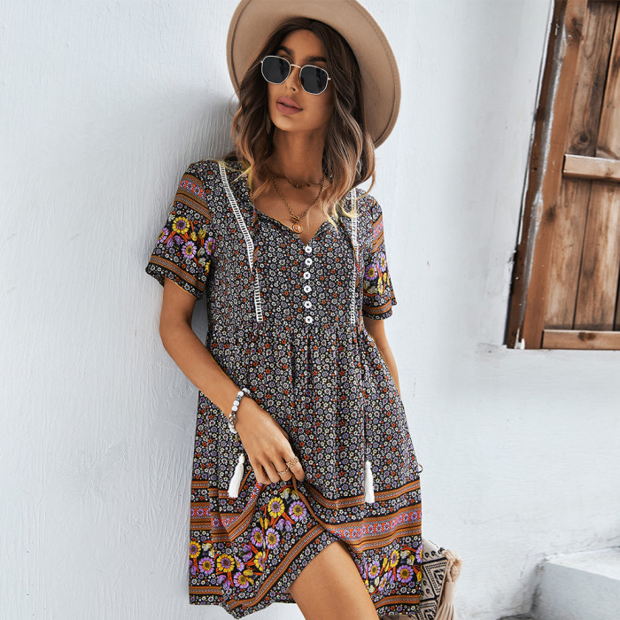 Floral-print Boho Cutout V-neck Ruffled Mini Dress