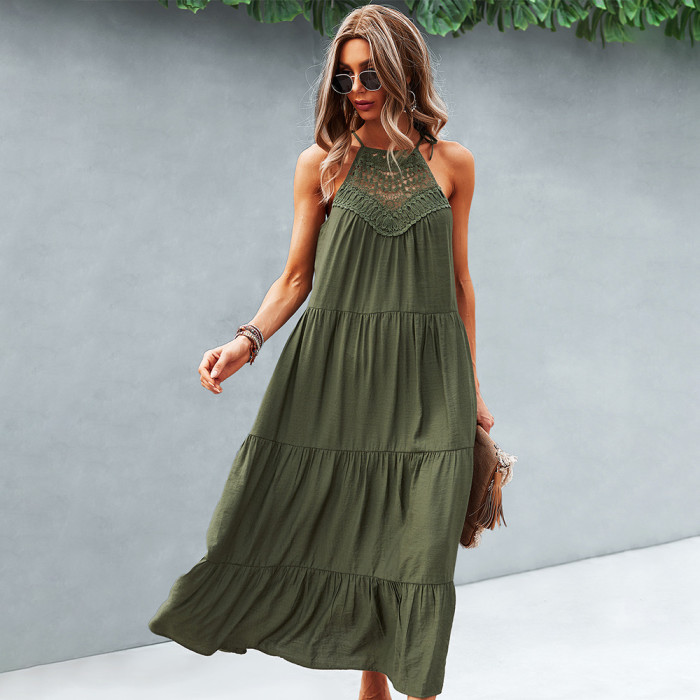 New sexy off-the-shoulder hollow out fashion casual solid color halterneck Maxi Dress