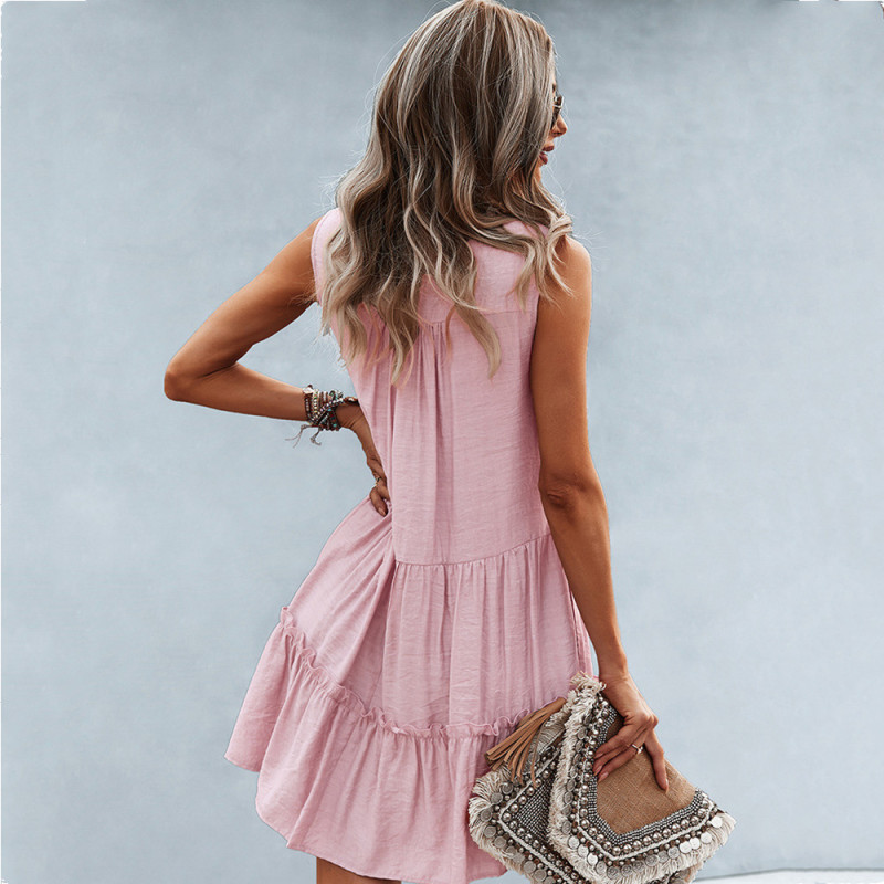 Sexy V-Neck Solid Color Ruffle Panel Casual Loose Mini Dress
