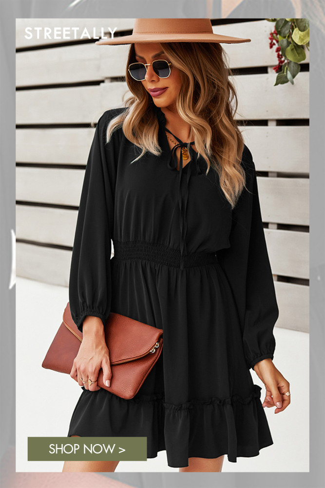 Sexy V Neck Solid Casual Ruffle Long Sleeve A-Line Elegant Mini Dress