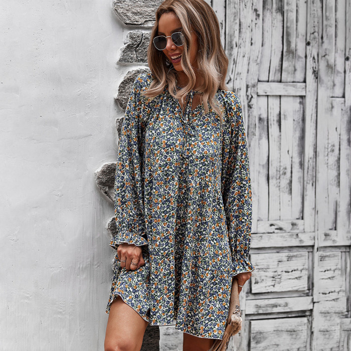 Floral Casual Loose V-Neck Long Sleeve Shirt Casual Dress