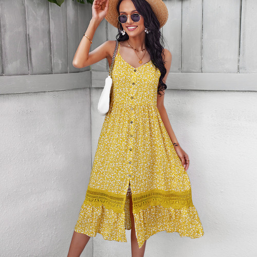 New V-Neck Single Button A-Line Sleeveless Floral Fashion Vacation Dress