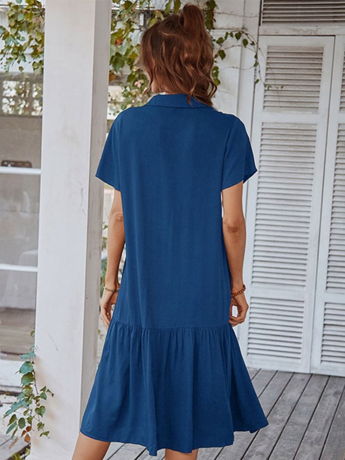 New Elegant Slim Casual Short Sleeve Solid Color Button Dress
