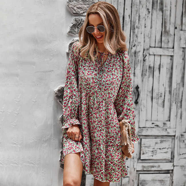 Floral Casual Loose V-Neck Long Sleeve Shirt Casual Dress
